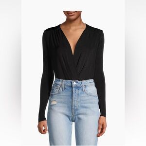 Free People Turnt Surplice-Neck Bodysuit Women's S Black Long Sleeves Pullover